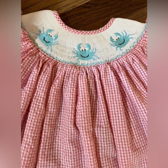 Pleats & Stitches Smocked Handmade Dress Pink Gingham Embroidered Crabs Girls 4t - Picture 3 of 8